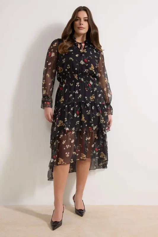 Floral Print Sheer Sleeve High-Low Midi Dress with Tie Neck