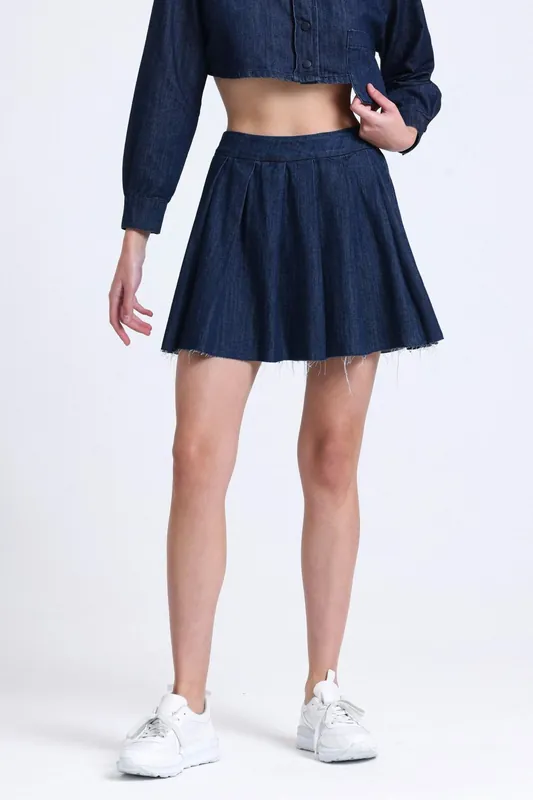 Denim High Waist Pleated Mini Skirt - Hiccup