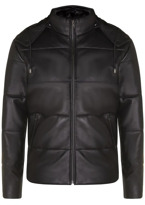 Mens's Hooded Leather Puffer Jacket - TruClothing