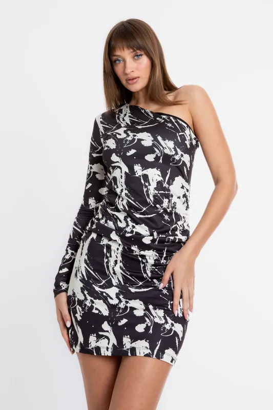 Abstract One Shoulder Mini Bodycon Dress - Hiccup