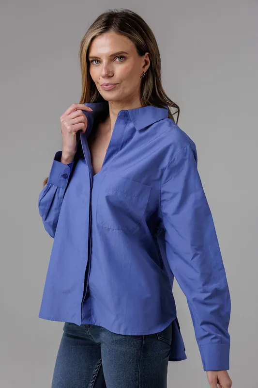 Cotton Long Sleeve Chest Pocket Poplin Popover High-Low Hem Shirt