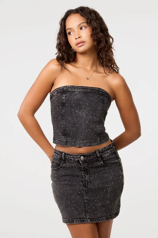 Black Diamante Denim Bandeau Top - Pink Vanilla