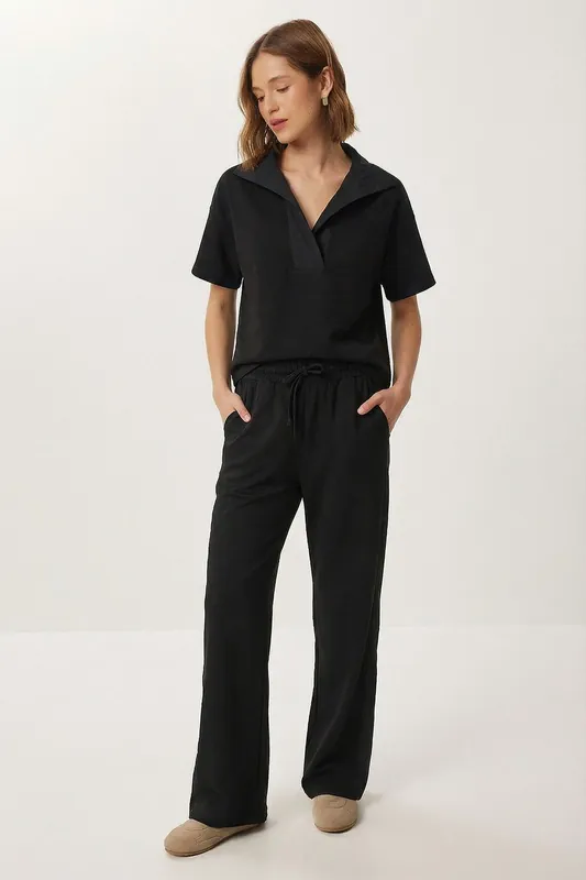 Polo Collar Blouse & Mid Waist Wide Leg Pants Two-Piece Set