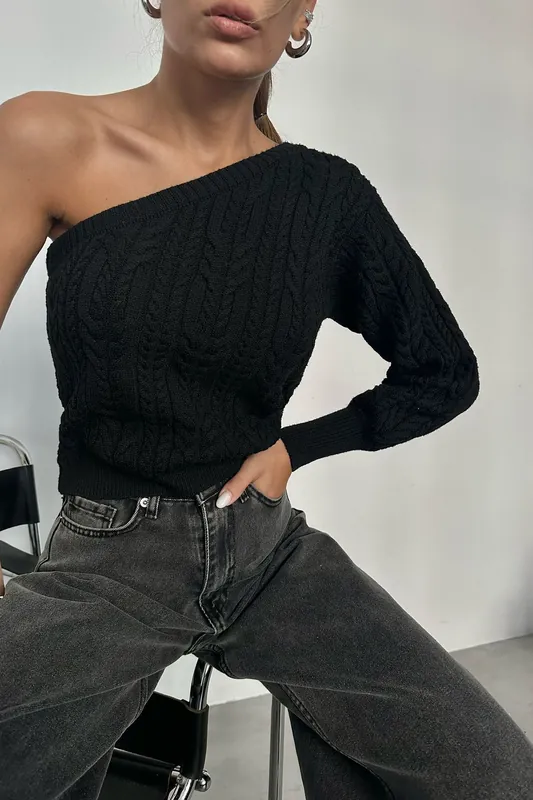 Cable Knitted One Shoulder Cropped Sweater - Hiccup
