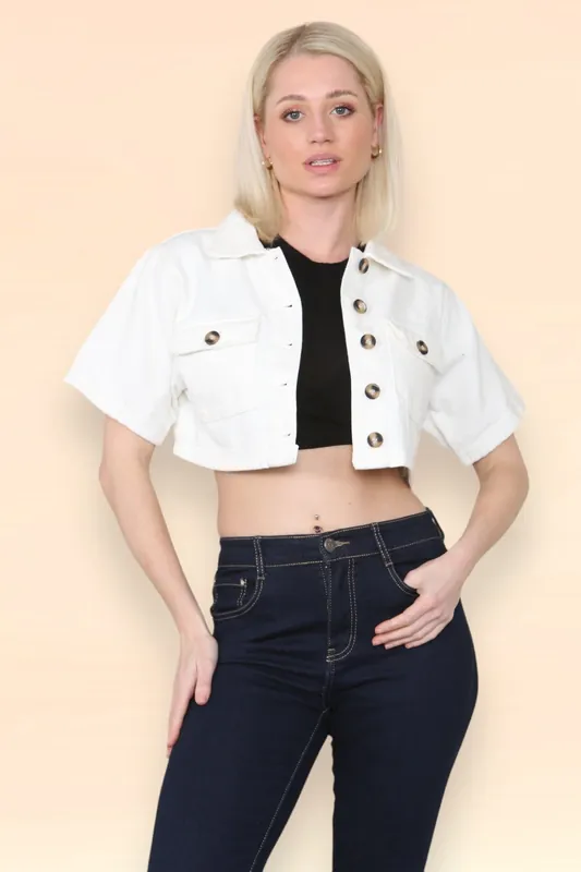 V Neck Crop Top Big Button Down with Short Sleeves - ELAINA FASHION