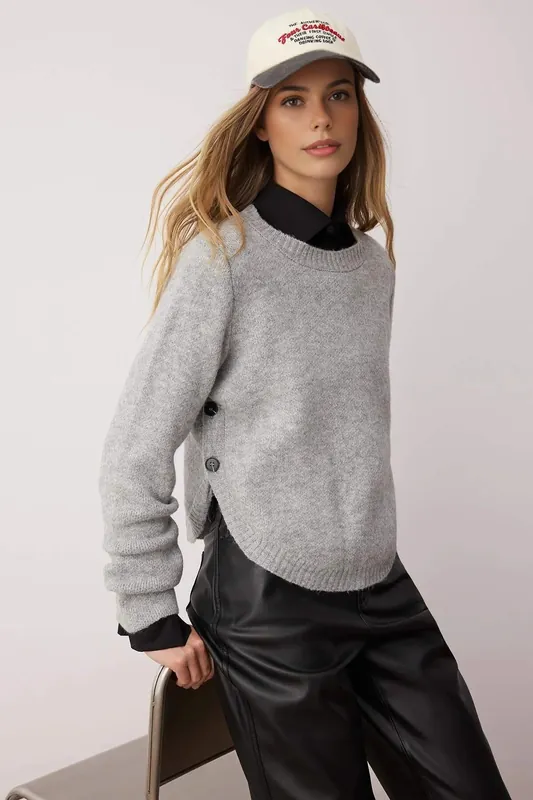 Oversized Crew Neck Long Sleeve Knit Sweater with Button Detail - WOVCOR