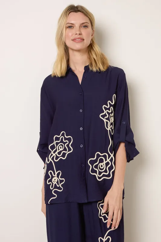 Navy Floral Embroidery Shirt - Blue Vanilla