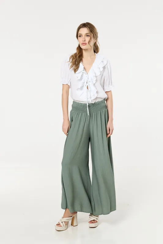 Green Smocked Wide Leg Trousers - Liquorish