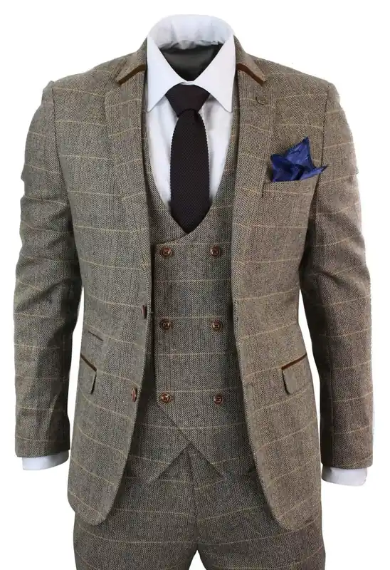3 Piece Herringbone Tweed Check Suit - Infinity Leather