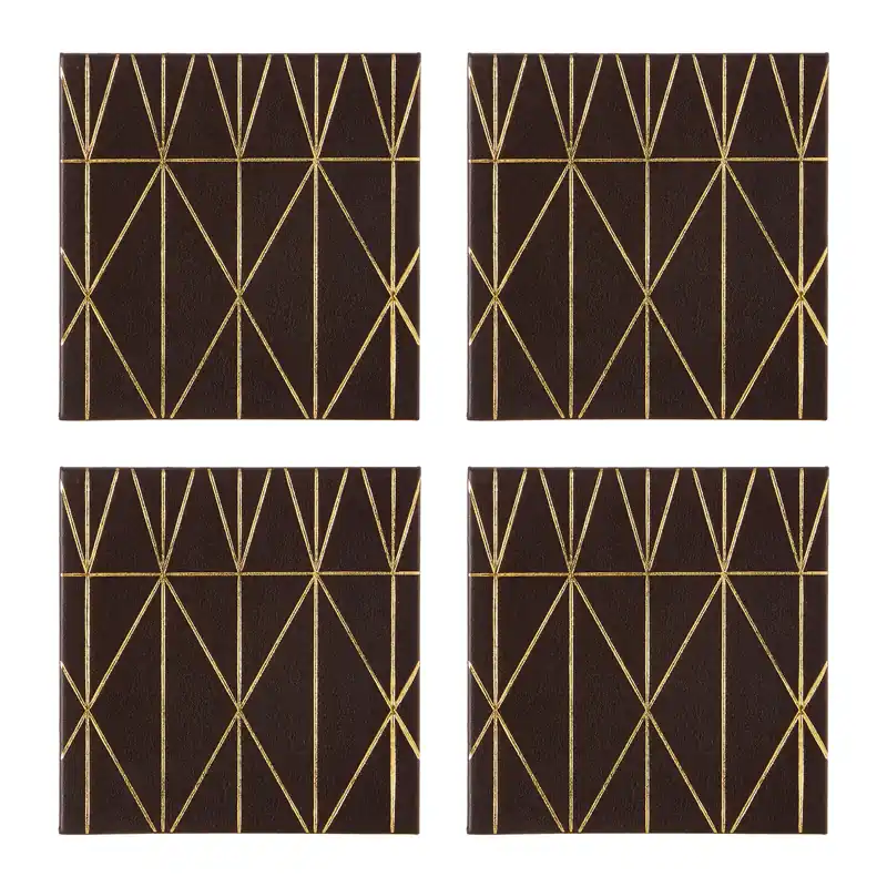 Set of Four Prism Black and Gold Coasters, Heat-Resistant Faux Leather Table Mats with Geometric Design
