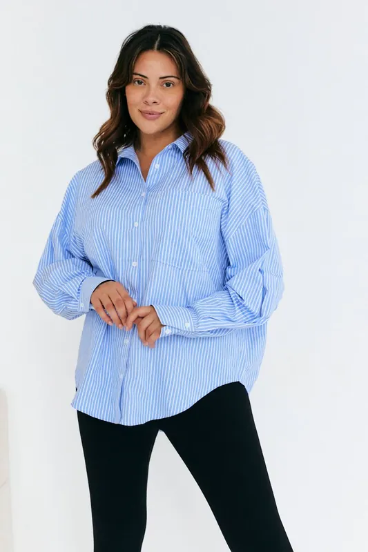Blue Stripe Oversized Poplin Shirt - In The Style
