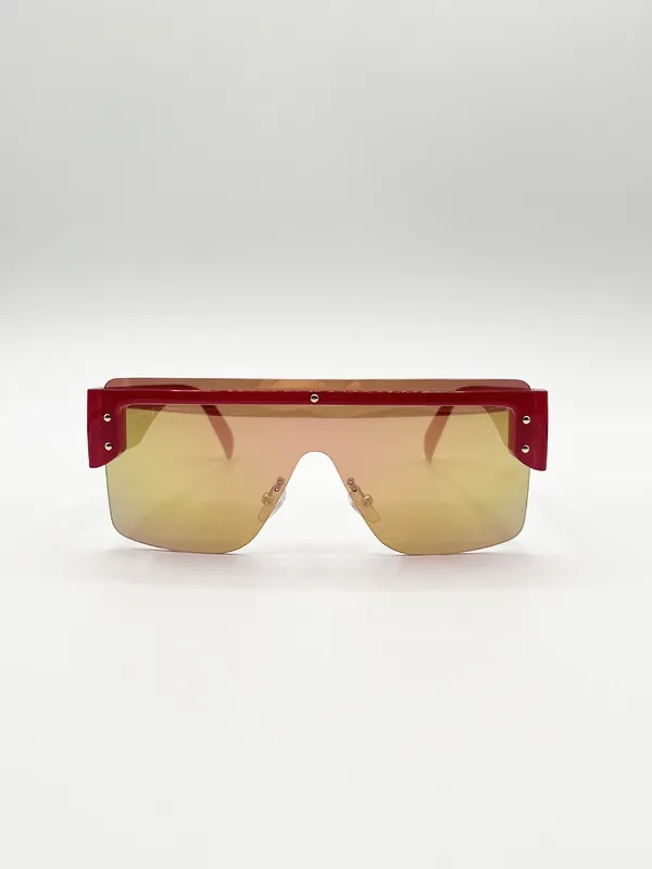 Oversized Flat Top Sunglasses with Mirrored Lens - SVNX