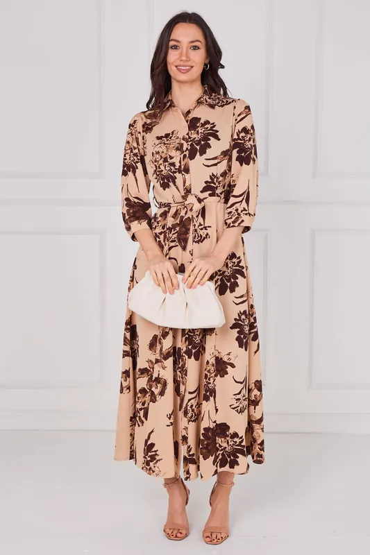 Mocha Bloom Print Belted Maxi Shirt Dress - Love Sunshine