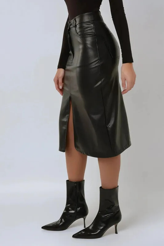 Faux Leather Midi Skirt with Slit - Hiccup
