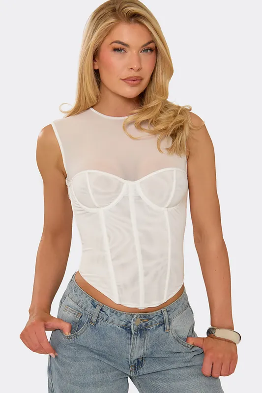 Corset Style Sleeveless Crew Neck Mesh Corset Top - EGO