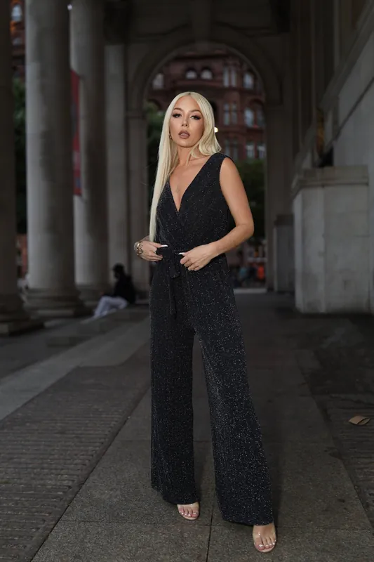 Black Plunge Neck Silver Glitter Sleeveless Jumpsuit - Femme Luxe