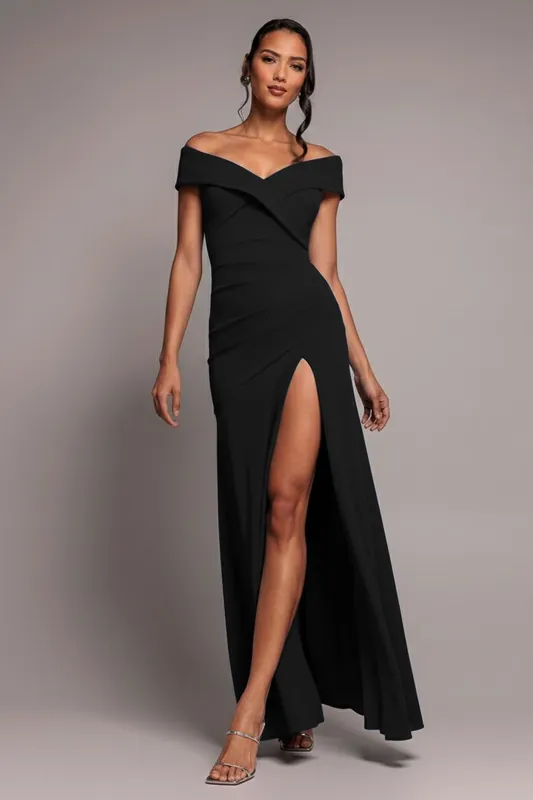 Scuba Crepe Off Shoulder Front Split Maxi Dress - Goddiva