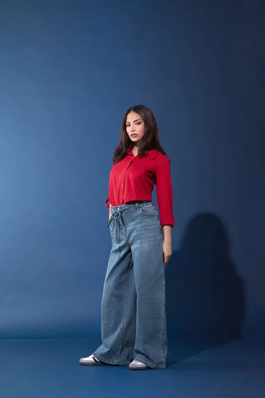 Petite Belt Tie Wide Leg Jeans - PixieGirl