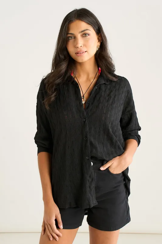 Black Textured Oversized Long Sleeves Shirt - Gini London