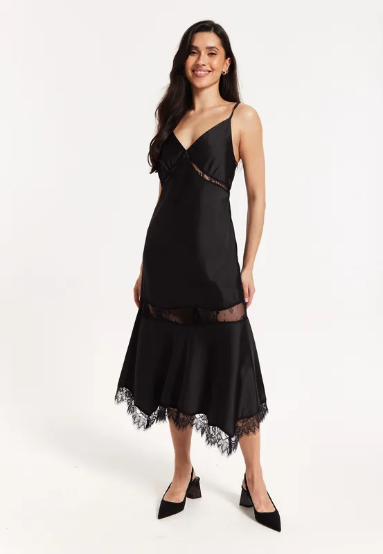 Black Satin Lace Midi Slip Dress - Liquorish