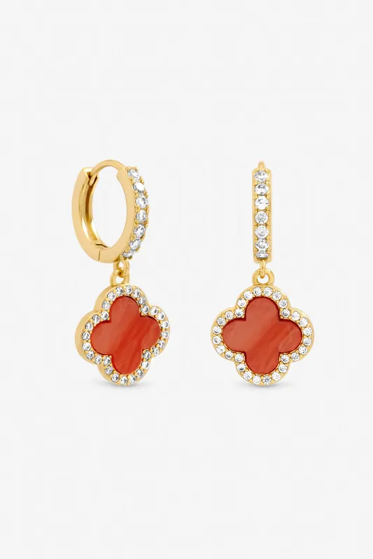 Gold Plated and Coral Clover Huggie Earrings - Jon Richard