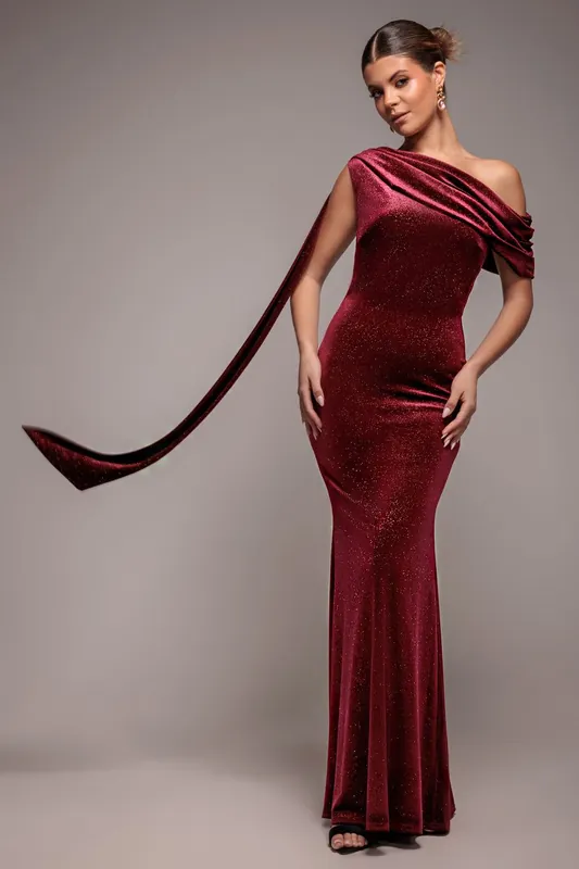 Glitter Velvet Sash One Shoulder Bardot Maxi Dress - Goddiva