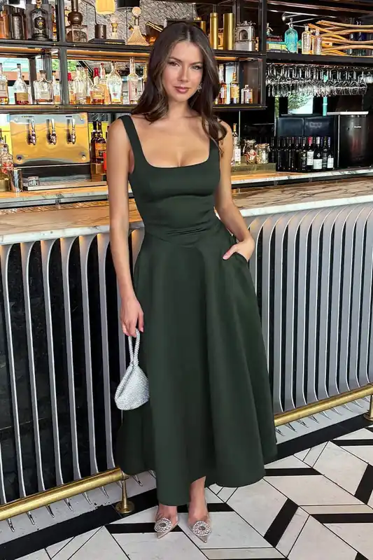 Forest Square Neck A-line Midi Dress