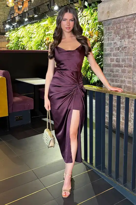 Dark Plum Satin Cowl Neck Knot Skirt Midi Dress - AX Paris
