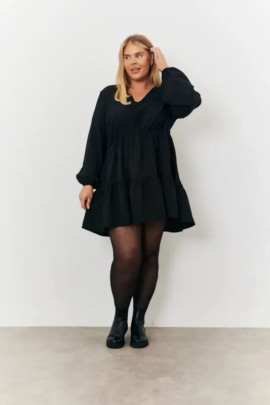 Black V Neck Tiered Balloon Sleeve Smock Dress - In The Style