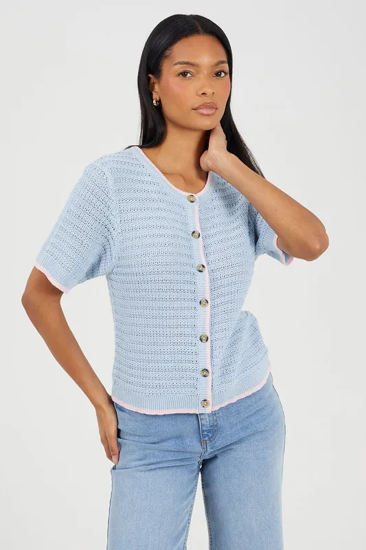Stitch Detail Short Sleeve Crew Neck Cardigan - Brave Soul