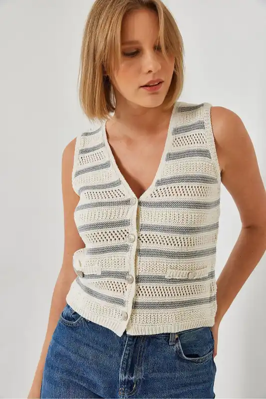 Striped V-Neck Crop Waistcoat with Button Closure