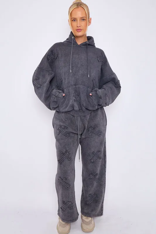 Crucifix Embroidered Acid Wash Fleece Oversized Co-ord