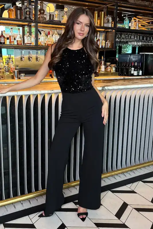 Black Velvet Sequin 2 in 1 Racer Neck Jumpsuit - AX Paris