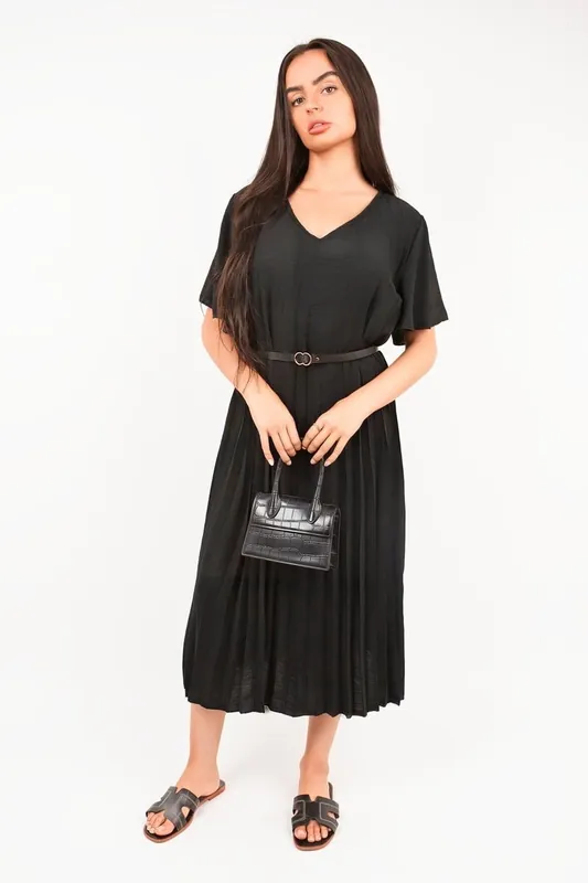 Elidi Short Sleeve Pleated Midi Dress With Waist Belt - IKRUSH