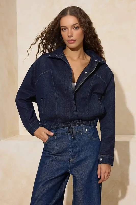 Dark Wash High Neck Denim Jacket with Structured Seam Detail - WOVCOR