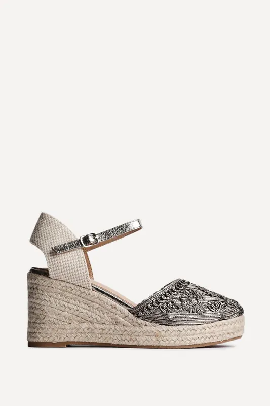 Mystic Pewter Embroidered Espadrille Wedges - Linzi
