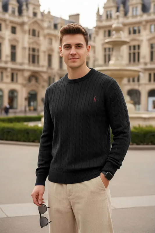 Classic Cable-Knit Cotton Sweater with Ribbed Details