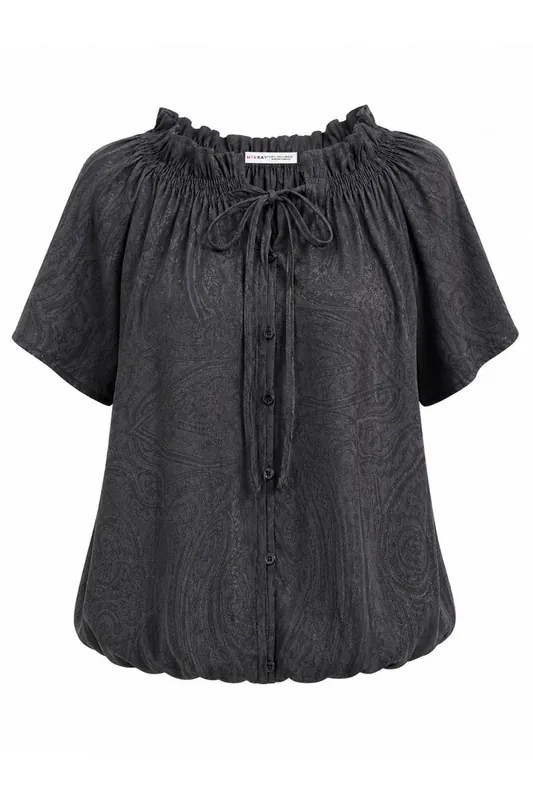 Paisley Print Crew Neck Blouse with Tie Detail - MixRay