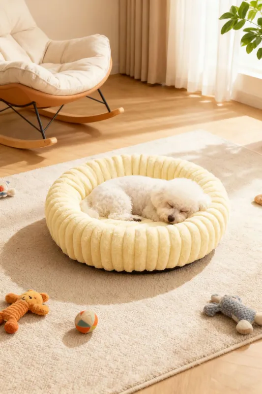 Warm & Cosy Pastel Yellow Round Pet Bed - Living and Home