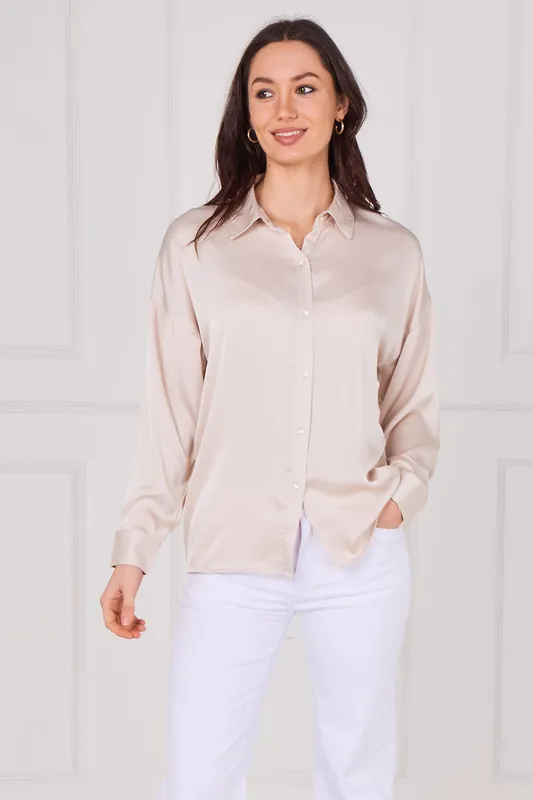 Blush Beige Brushed Satin Oversized Shirt - Love Sunshine