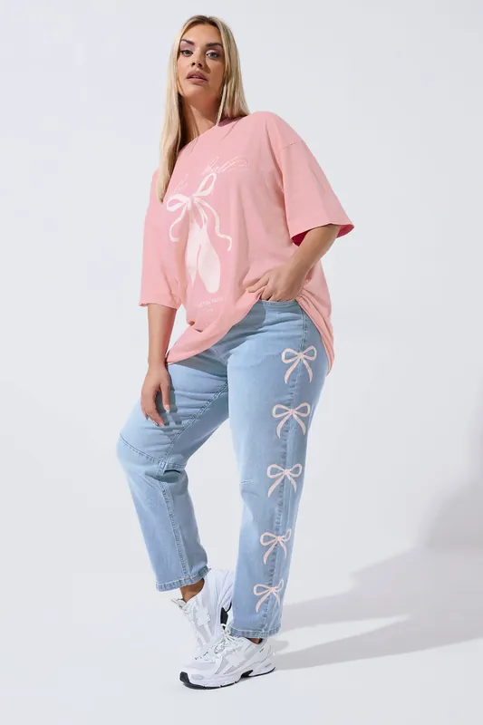 Bow Printed Wide Leg Jeans - Yours