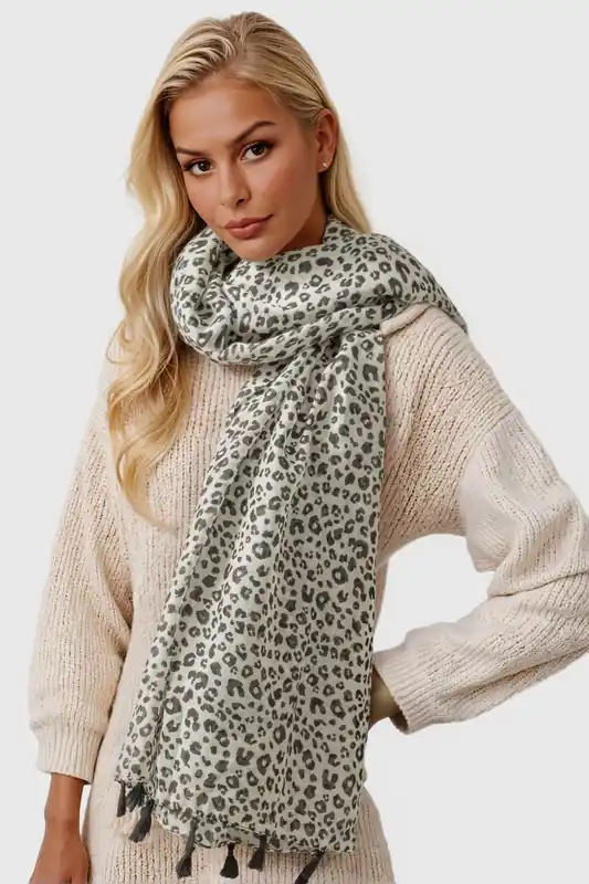 Black Leopard Print Tassel Scarf In White - FS Collection