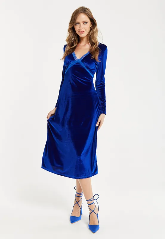 Liquorish Royal Blue Velvet Midi Dress