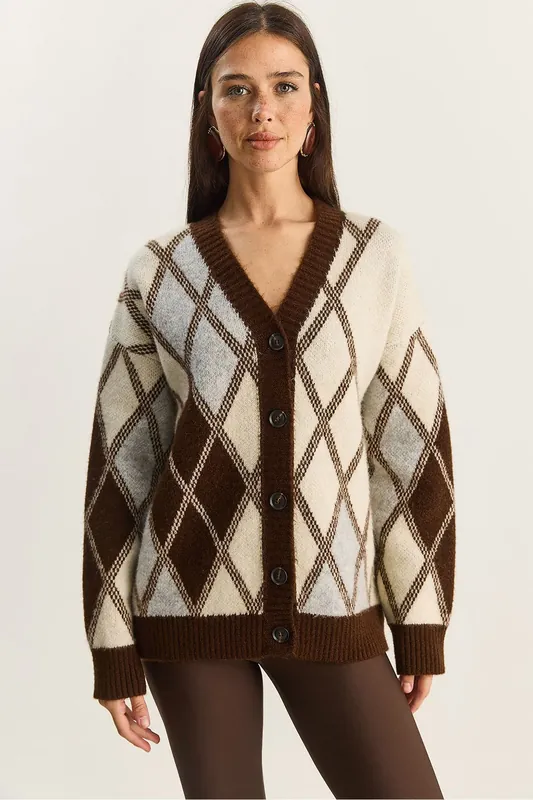 Thick Jacquard Knit Cardigan with V-neck and Button Closure