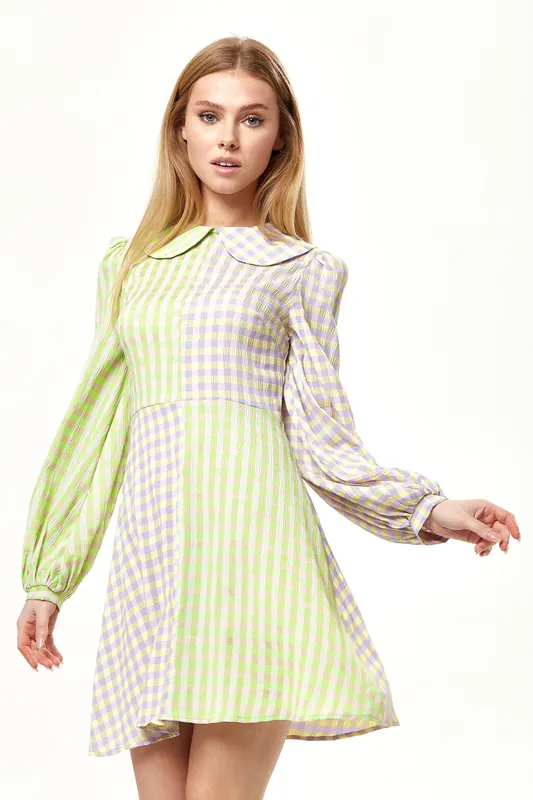 Green Check Mini Dress With Collar - Liquorish