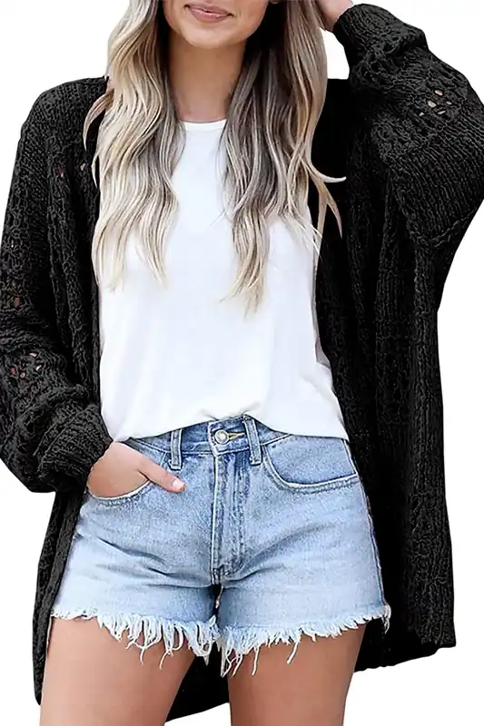 Black Casual Hollowed Knit Dolman Sleeve Cardigan - Everyday The Label