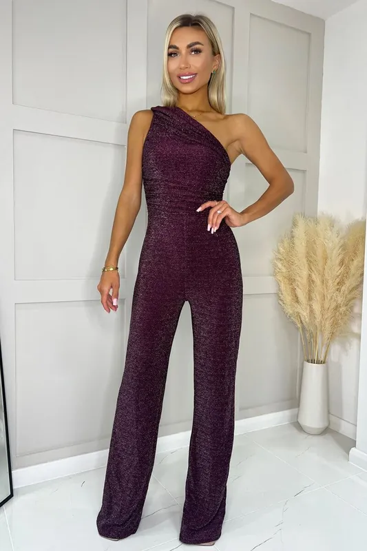 Plum One Shoulder Shimmer Jumpsuit - AX Paris