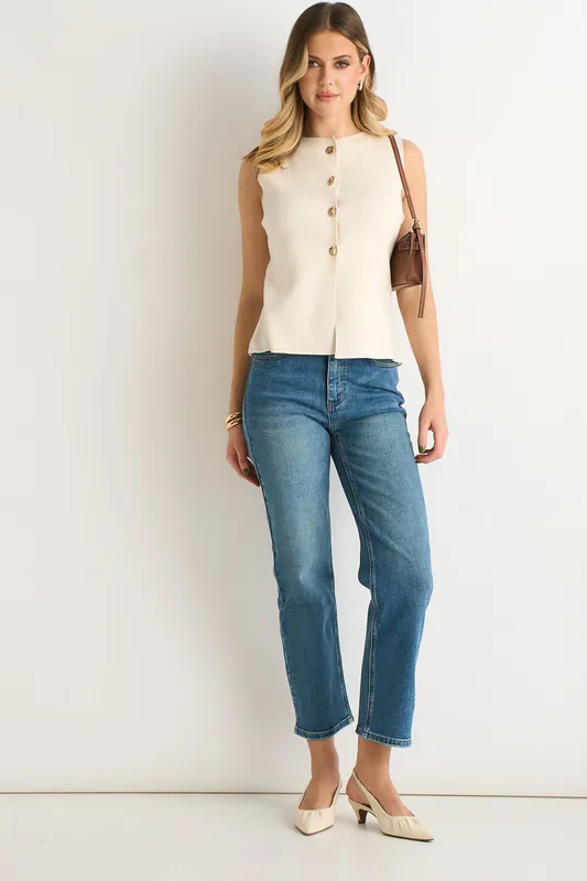 Off White Button Front Compact Knit Waistcoat - Gini London