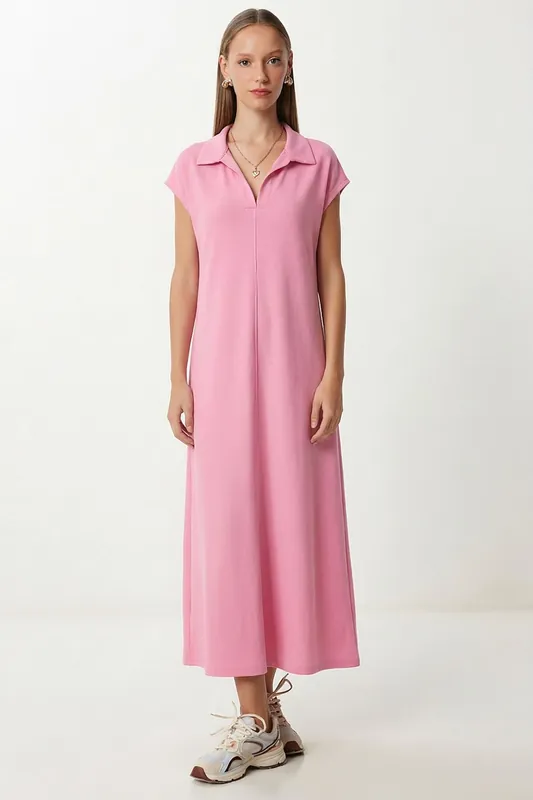Polo Collar Pull-On Midi Dress with Pocket