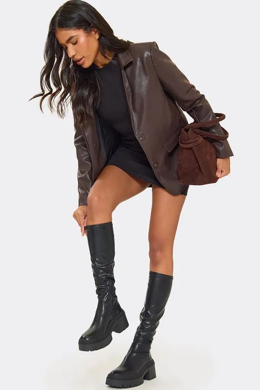 Knee High Faux Leather Block Heel Long Boots - EGO